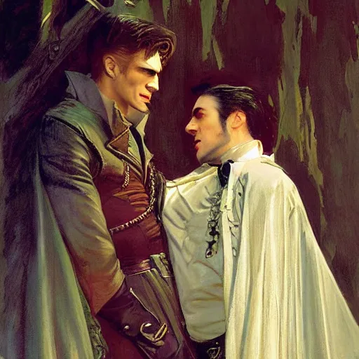 Image similar to attractive male, arthur pendragon confesses his love to attractive male dracula the vampire. highly detailed painting by gaston bussiere, craig mullins, j. c. leyendecker 8 k