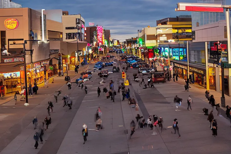 Prompt: photo of busy city street of Edmonton Alberta, young adults on sidewalks that are lined with stores and nightclubs, late evening time, high dynamic range color, medium contrast, 1/24 shutterspeed, sigma 24mm f8