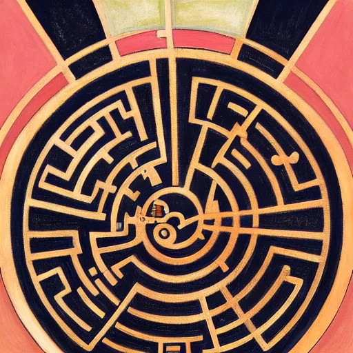 Image similar to maze labyrinth steampunk by albert gleizes and by hilma klint, hd, artstation, fluid colors, drip