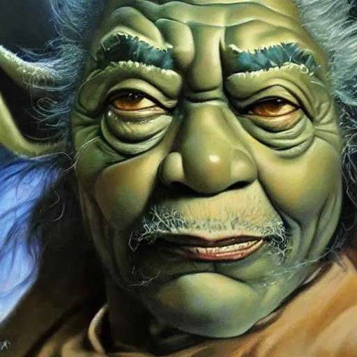 Image similar to ultra realistic portrait painting of morgan freeman as yoda, art by frank frazetta, 4 k, ultra realistic, highly detailed, epic lighting