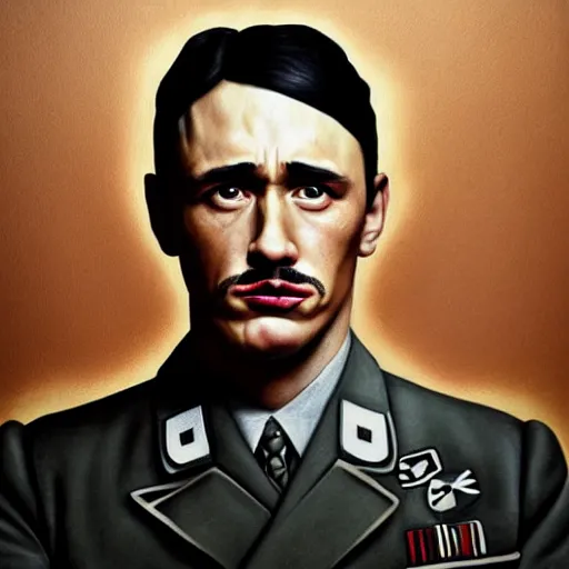 Prompt: hyperrealistic mixed media high resolution painting of James Franco disguised as Adolf Hitler eating a bagel, stunning 3d render inspired art by István Sándorfi and Greg Rutkowski and Unreal Engine, perfect facial symmetry, dim volumetric lighting, 8k octane beautifully detailed render, full body shot, post-processing, extremely hyper-detailed, intricate, epic composition, highly detailed attributes, highly detailed atmosphere, cinematic lighting, masterpiece, trending on artstation, very very detailed, masterpiece, stunning, flawless structure, lifelike texture, perfection,