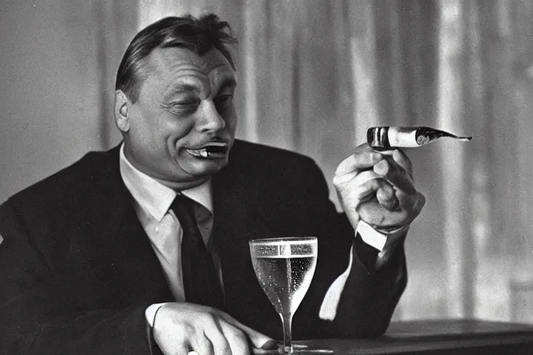 Prompt: viktor orban drinking champagne, smoking cigar, laughing hard, highly detailed face by edward hopper