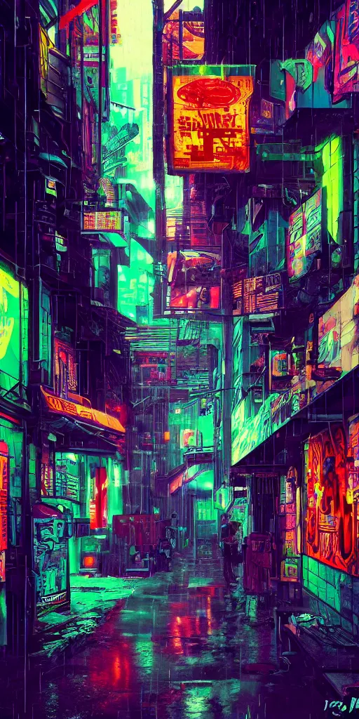 Image similar to cyberpunk alley, pop art, rtx, 8 k, ray tracing, highly detailed, cold colors, rain,