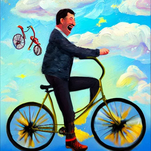 Image similar to A whimsical painting of a happy man flying in the sky on his bicycle in the clouds, action shot, subject is smiling, expressive oil painting, digital art