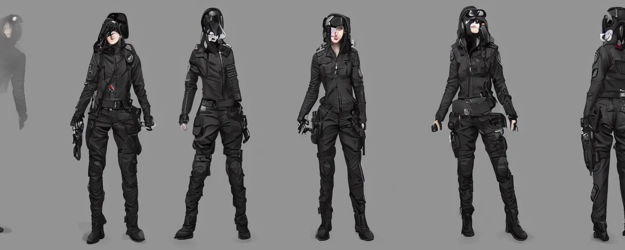 Prompt: a female cyberpunk police detective wearing a heavy techwear trenchcoat, character concept exploration, outfit designs, trending on artstation