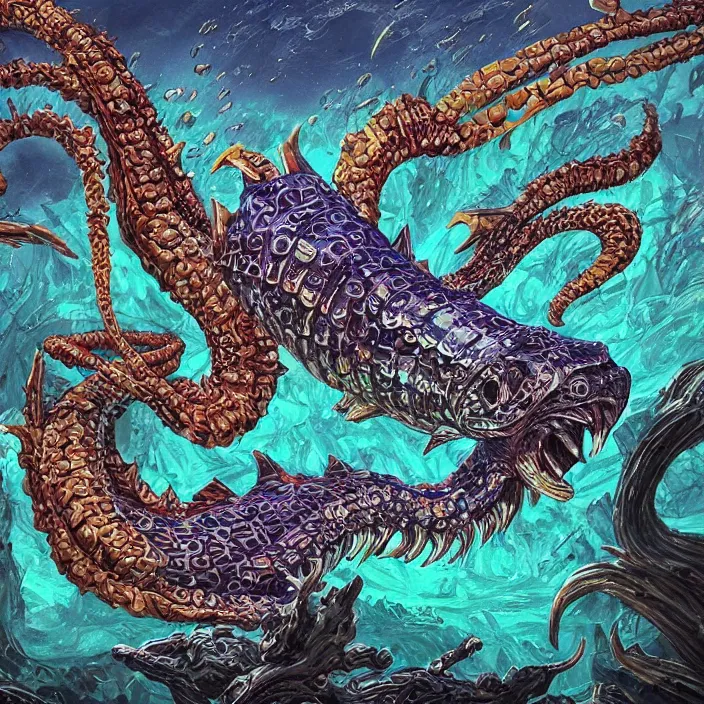 Image similar to underwater sea leviathan full body, d & d style, trending on artstation, intricate, highly detailed, vivid painting, colorful