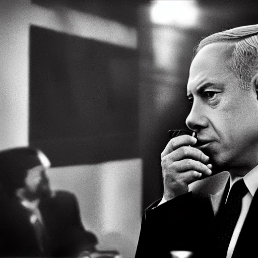 Image similar to portrait of benjamin netanyahu as the godfather smoking a cigar, neo noir style, dramatic lighting, cinematic, dark, foreboding, establishing shot