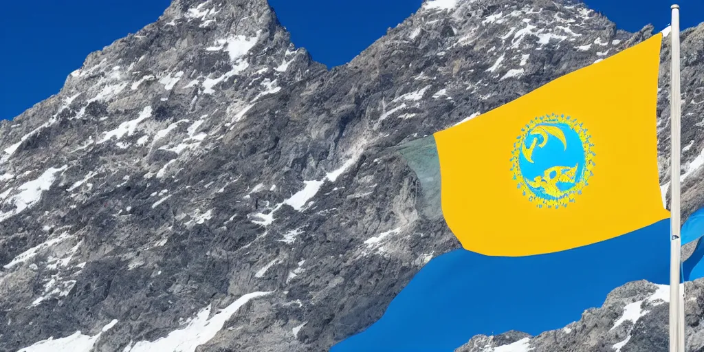 Image similar to flag of kazakhstan flying over mountain