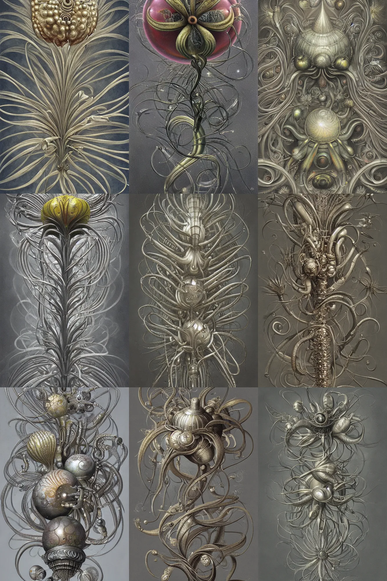 Prompt: a painting of a metallic flower on a gray background, an airbrush painting by Earnst Haeckel and H R Giger, trending on zbrush central, cloisonnism, high detail, detailed painting, biomorphic, bubbles, exotic, alien hybrids.