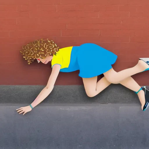 Prompt: flat shaded cartoon cute girl figure with curly blond hair, blue wide eyes. the girl is wearing red shirt and yellow short dress. she is falling on the sidewalk.