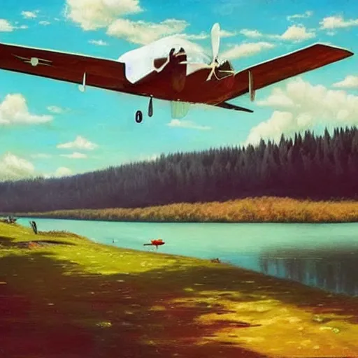 Prompt: a [ 5 0 s bus has airplane wings ] as it floats above a forest and lake, [ oil painting ]!!, trending on cgsociety, 4 k