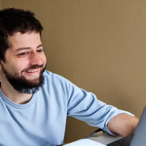 Image similar to a programmer finally fixed a bug in his code after trying for a long time, looking relieved and happy
