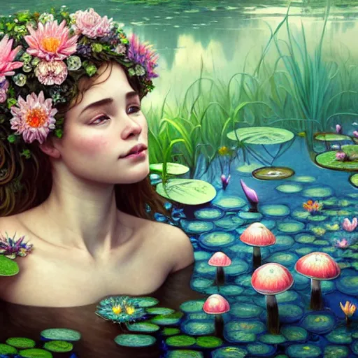 Prompt: Portrait of a girl surrounded by flowers and morphing into mushrooms while sitting at a pond with waterlilies, face, fantasy, intricate, elegant, highly detailed, digital painting, artstation, concept art, smooth, sharp focus, illustration, art by Fernanda Suarez and Artem Demura and alphonse mucha