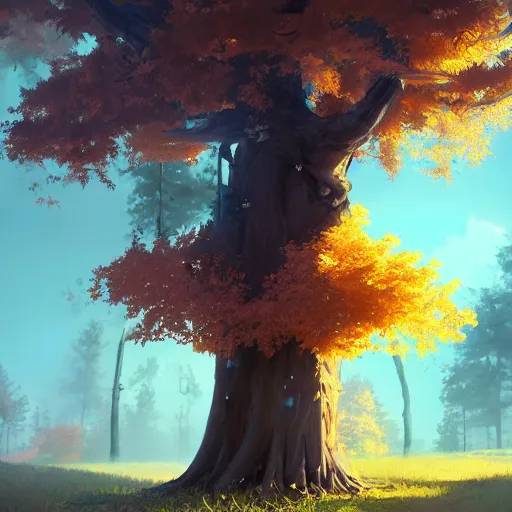 Image similar to a tall old tree with golden leaves, characterized by roman shipunov, etienne hebinger, atey ghailan, cgsociety, cynical realism, fantasy art, 2 d game art