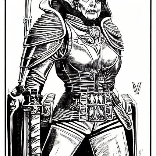 Image similar to a beautifully detailed warhammer 4 0 k portrait of angela merkel as inquisitor. pen and ink by moebius.