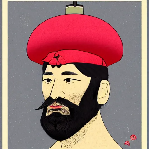 Image similar to ukiyo-e portrait of a bearded man in a mushroom hat, studio lightning, bright colors, intricate, masterpiece, photorealistic, hiperrealistic, sharp focus, high contrast, Artstation HQ, DeviantArt trending, 4k UHD, Unreal Engine 5