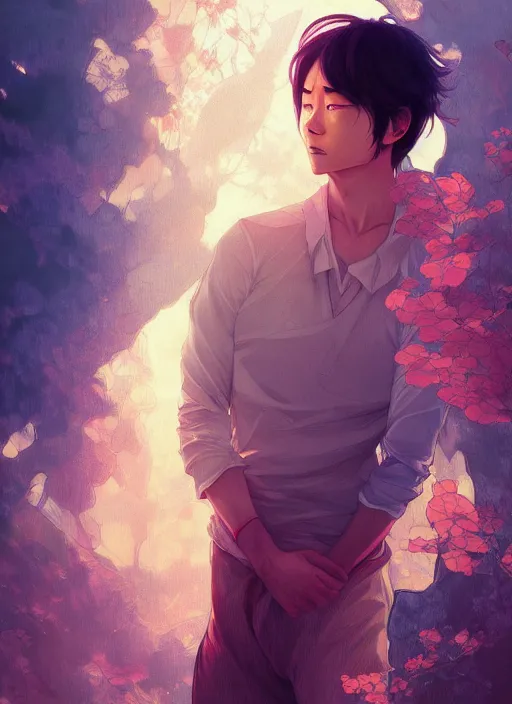 Prompt: handsome satoru gojo, half body shot, path traced, highly detailed, high quality, digital painting, alena aenami, lilia alvarado, shinji aramaki, karol bak, alphonse mucha, tom bagshaw