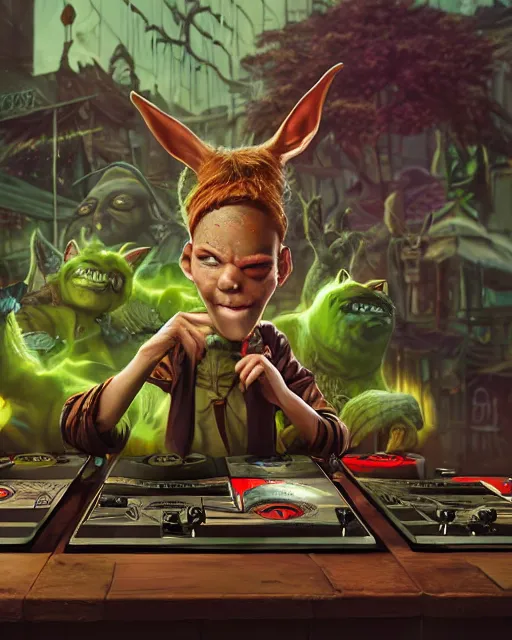 Prompt: an epic fantasy comic book style portrait painting of a goblin, sitting outside at a crowded futuristic restaurant with dj mixer deck and some vynil records. character design by mark ryden and pixar and hayao miyazaki, unreal 5, daz, hyperrealistic, octane render, cosplay, rpg portrait, dynamic lighting, intricate detail, summer vibrancy, cinematic,