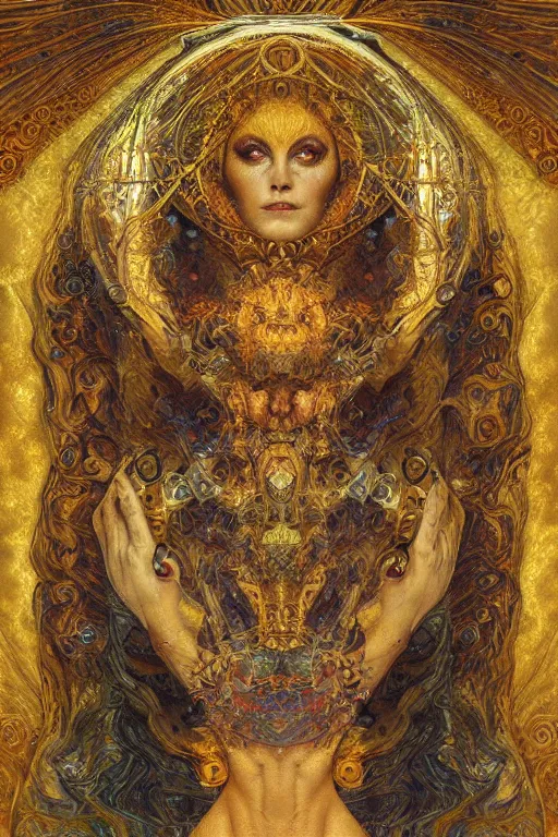 Image similar to Divine Chaos Engine portrait by Karol Bak, Jean Deville, Gustav Klimt, and Vincent Van Gogh, sacred geometry, visionary, mystic, fractal structures, ornate gilded medieval icon, spirals, horizontal symmetry