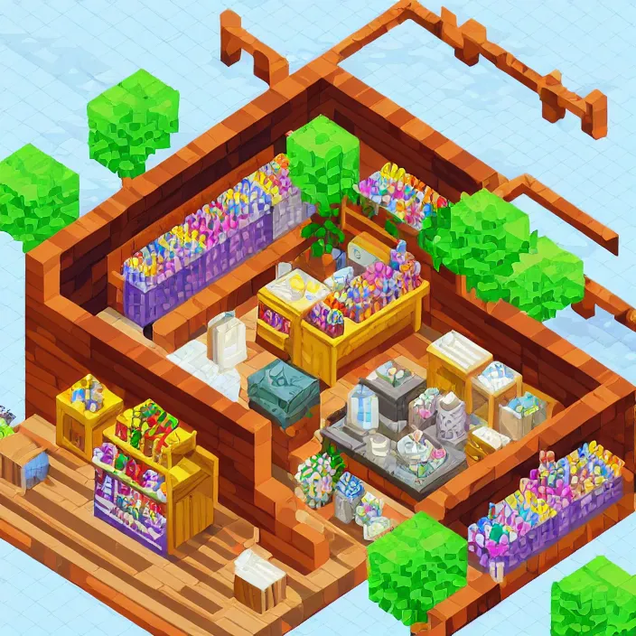 Image similar to isometric pixel art of a small market stall selling magical crystals