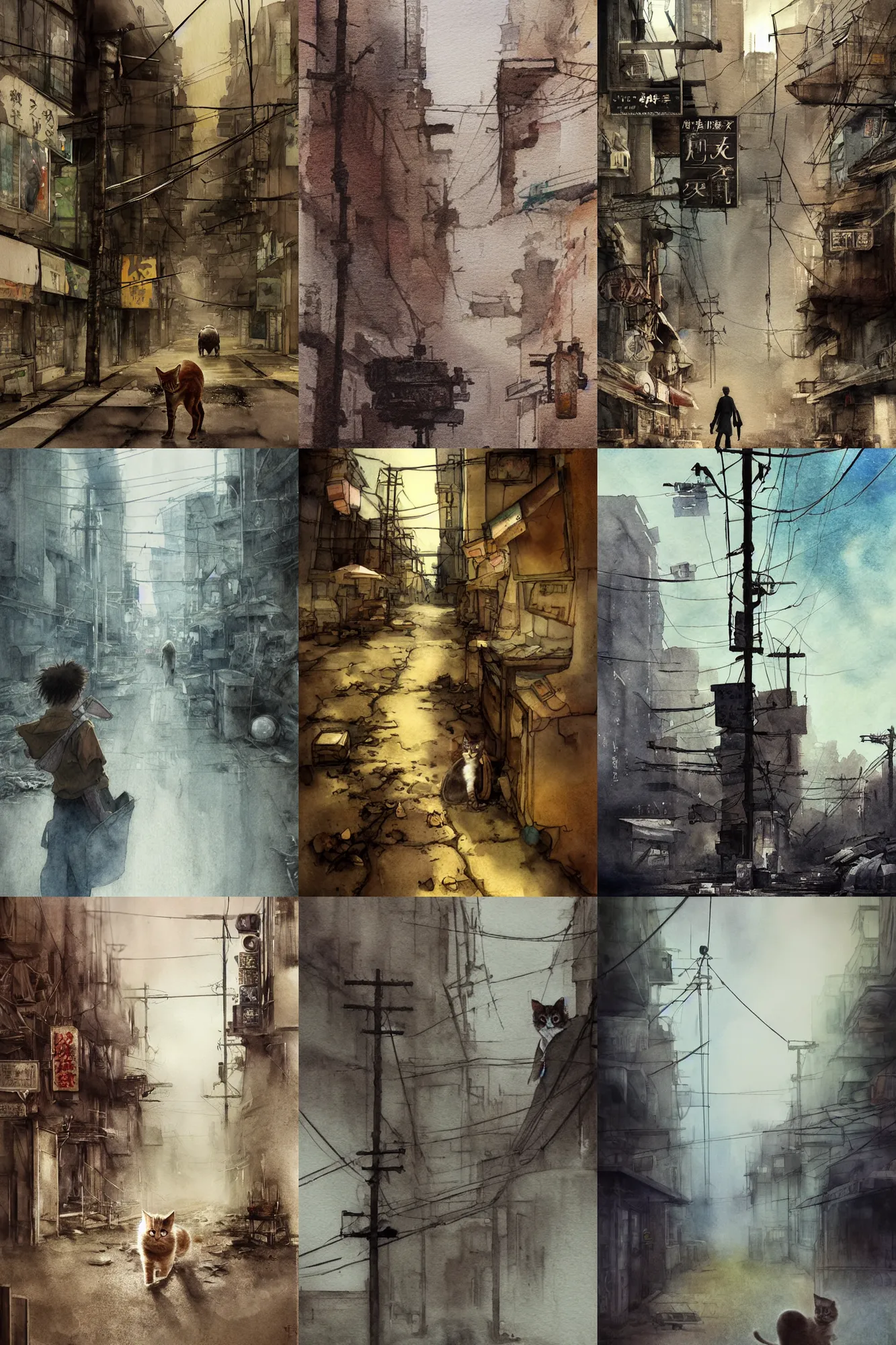 Prompt: incredible miyazaki, ruan jia movie poster, simple watercolor, rim lighting, paper texture, movie scene, distant shot of lost kitten in a deserted dusty shinjuku junk town, old pawn shop, bright sun bleached ground , spot light, pale beige sky, junk tv, texture, brown mud, dust, overhead wires, telephone pole, dusty, dry, pencil marks hd, 4k, remaster, dynamic camera angle, deep 3 point perspective, fish eye, dynamic scene