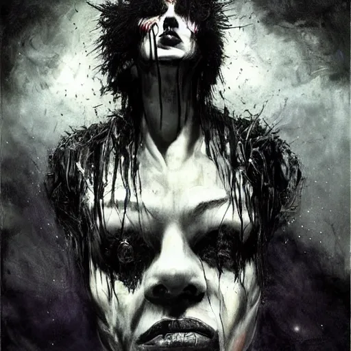 Prompt: emaciated ( the cure fan ) as dream from sandman, dim stars as eyes, by jeremy mann, by cedric peyravernay, by by russ mills, by richard avedon and ben templesmith, dramatic lightning, sadness, dark eye sockets, in the shadows, punk rock, gothic, high detailed, 8 k