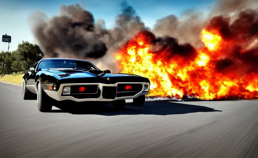 Image similar to a black 1 9 7 3 pontiac firebird trans am sd - 4 5 5 driving high speed, fire explosion in the background, action scen. realistic. high resolution. dramatic