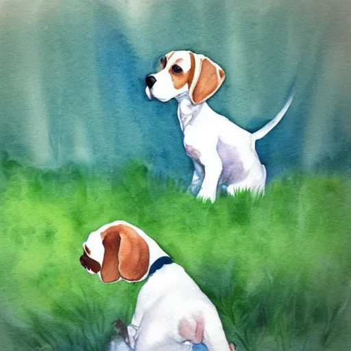 Image similar to water color painting of a white and caramel beagle dog playing with dragonfly in a backyard, harsh lighting, detailed, trending on artstation, dull pastel colors, bright, god rays, dreamy, trending on artstation