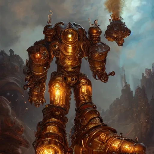 Image similar to a Steam powered mechanical golem in golden plate armoring, forward facing angle, concept art, character design, stunning 3d render , art by Tooth Wu and justin gerard and Blizzard studios, 8k octane beautifully detailed render, post-processing, extremely hyperdetailed, intricate complexity, epic composition, grim yet sparkling atmosphere, masterpiece, trending on artstation