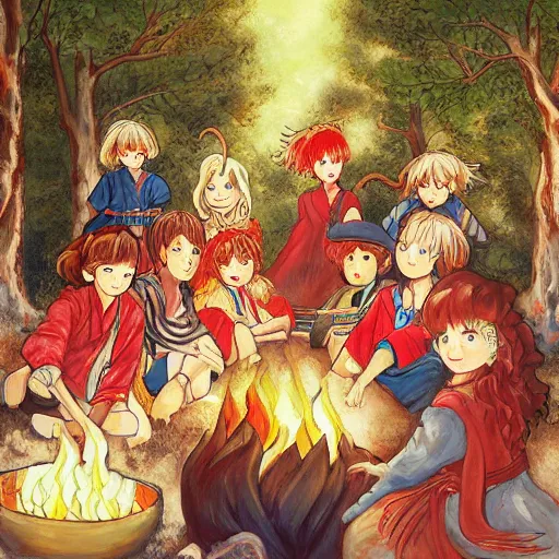 Image similar to a painting of a group of people around a fire while a wolf god watches them, a storybook illustration by naoko takeuchi, behance contest winner, fantasy art, artstation hq, official art