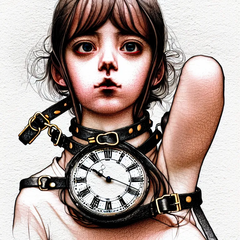 Prompt: bemused to be locked in a leather neck restraint ,hipster girl in a full frame zoom up of her face and neck, looking upwards in a room of old ticking clocks, complex artistic color ink pen sketch illustration, full detail, gentle shadowing, fully immersive reflections and particle effects, concept art by Artgerm, art by Range Murata, art by Studio Ghibli