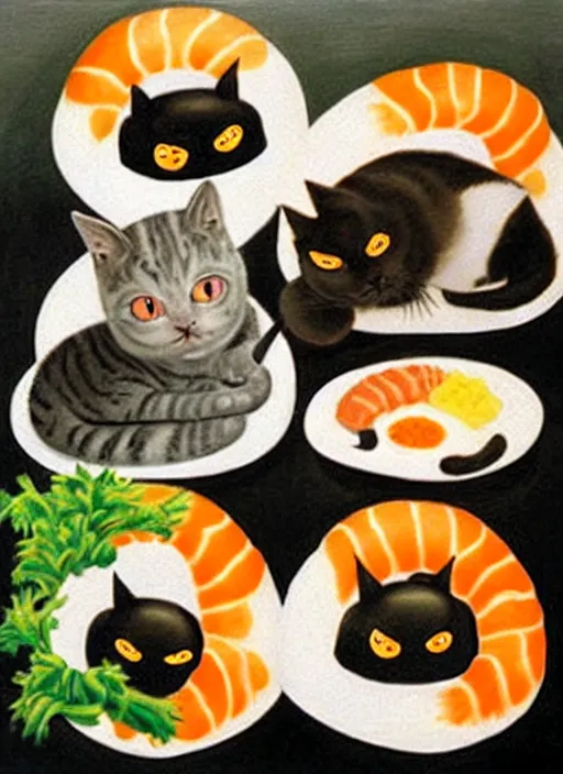 Image similar to clear surrealist painting of adorable cats made out of sushi