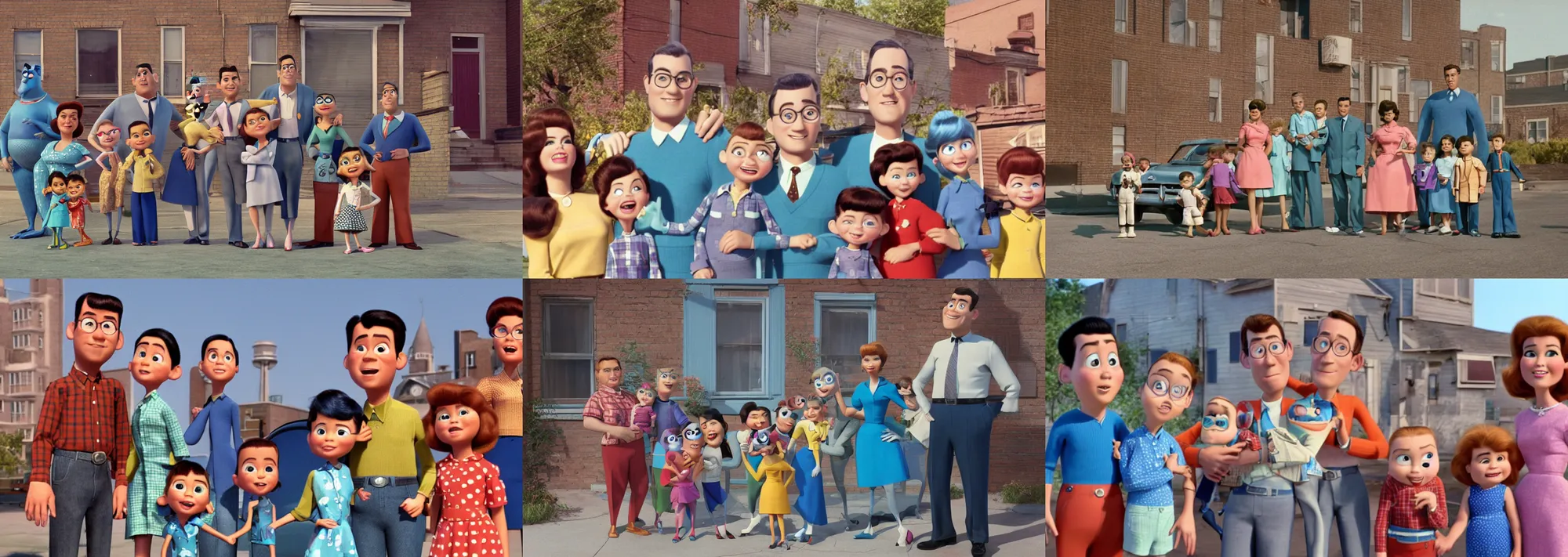 Prompt: family photo in 1960s Detroit, still from a Disney & Pixar cgi film, 2016 cinematography