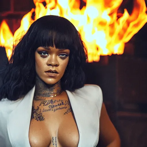 Image similar to a portrait of rihanna wearing a latex bodysuit standing in front of a burning down house. she's holding a flaming torch. exquisite details. photorealistic.