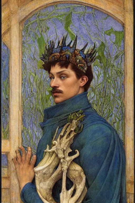 Image similar to the prince in his bone crown and regalia stands by the window at dusk,by Annie Swynnerton and Diego Rivera and Elihu Vedder, symbolist, dramatic lighting, elaborate geometric ornament, Art Brut, soft blues and greens,smooth, sharp focus, extremely detailed, Adolf Wölfli and (Evelyn De Morgan)