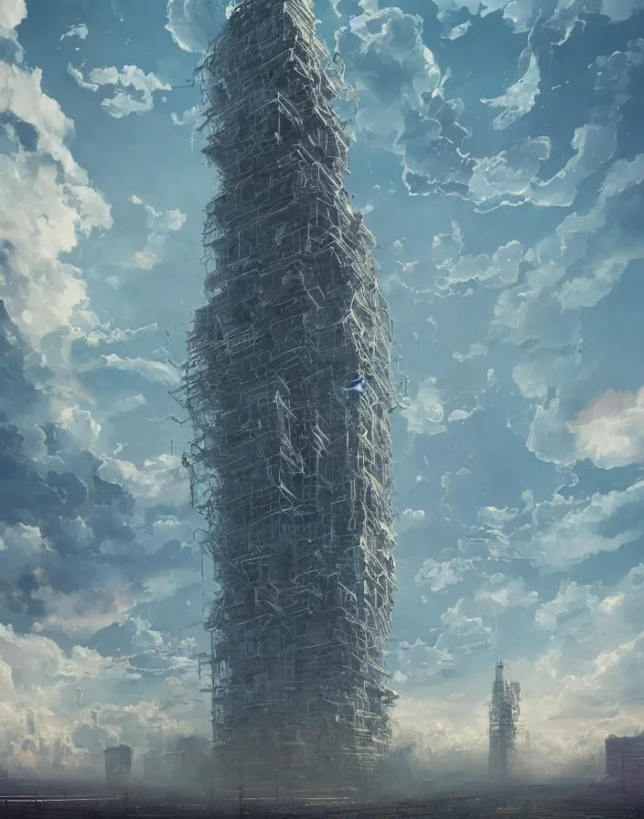 Image similar to painting of a tall tower that reaches beyond the clouds, intricate abstract. delicate artwork. by Tooth Wu, wlop, beeple, dan mumford. octane render, trending on artstation, greg rutkowski very coherent symmetrical artwork. cinematic, hyper realism, high detail, octane render, 8k, depth of field, bokeh. chrome accents.