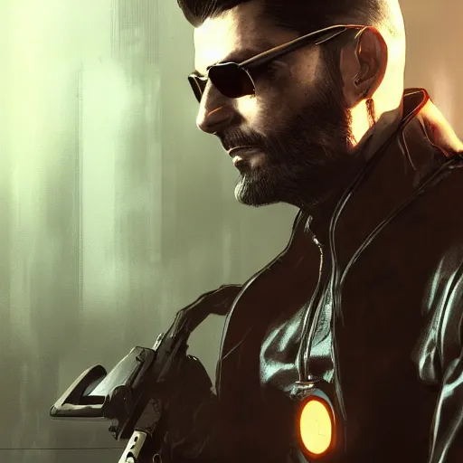Image similar to bald Max Payne as Adam Jensen in Deus Ex, by Cedric Peyravernay, highly detailed, excellent composition, cinematic concept art, dramatic lighting, trending on ArtStation