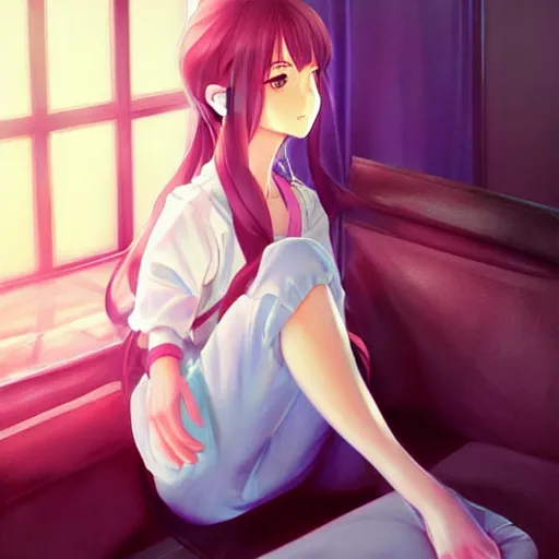 Prompt: anime beautiful girl sits on the sofa and listens to music, the sun shines through the window, clear face, highly detailed, 8 k, pixiv, in style of kyoto animation, art by artgerm and cushart krenz