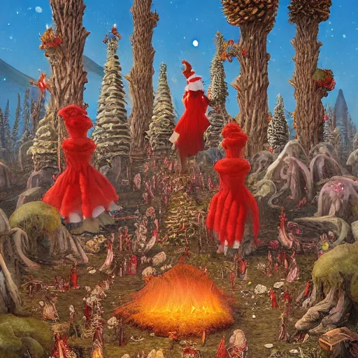 Image similar to illustrated portrait vogue designer Santa Claus Sacrificing the Elves to a Volcano God Altar made of pinecones and fire kenny scharf heinrich lefler giorgio de chirico marc simonetti greg rutkowski simon stalenhag anton semenov