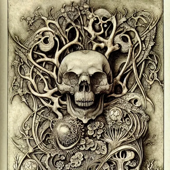 Image similar to memento mori by arthur rackham, art forms of nature by ernst haeckel, exquisitely detailed, art nouveau, gothic, ornately carved beautiful skull dominant, intricately carved antique bone, art nouveau botanicals, ornamental bone carvings, art forms of nature by ernst haeckel, horizontal symmetry, arthur rackham, ernst haeckel, symbolist, visionary