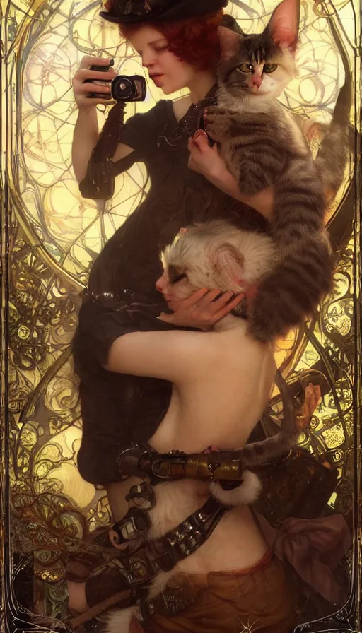 Image similar to hyper realistic photographer taking a picture of a cat, magical, steampunk, painted by tom bagshaw, mucha, gaston bussiere, craig mullins, j. c. leyendecker 8 k