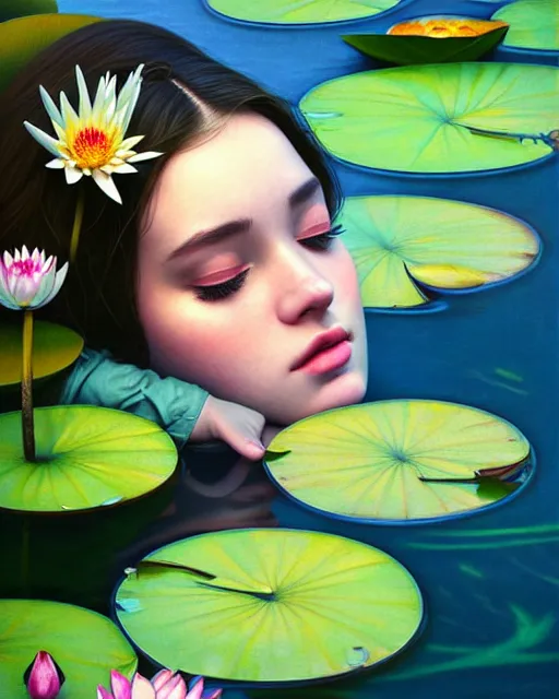 Image similar to stylized portrait of an artistic pose, composition, young lady sleeping in a pond, water lilies, flowers, one single head, realistic shaded, fine details, realistic shaded lighting poster by ilya kuvshinov, magali villeneuve, artgerm, jeremy lipkin and michael garmash and rob rey