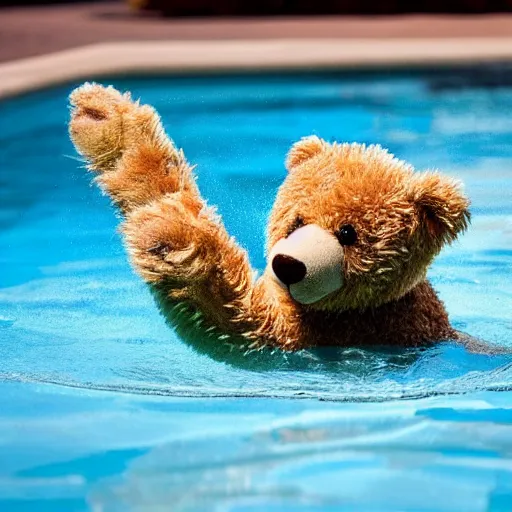 Prompt: photo of a teddy bear swimming in a pool