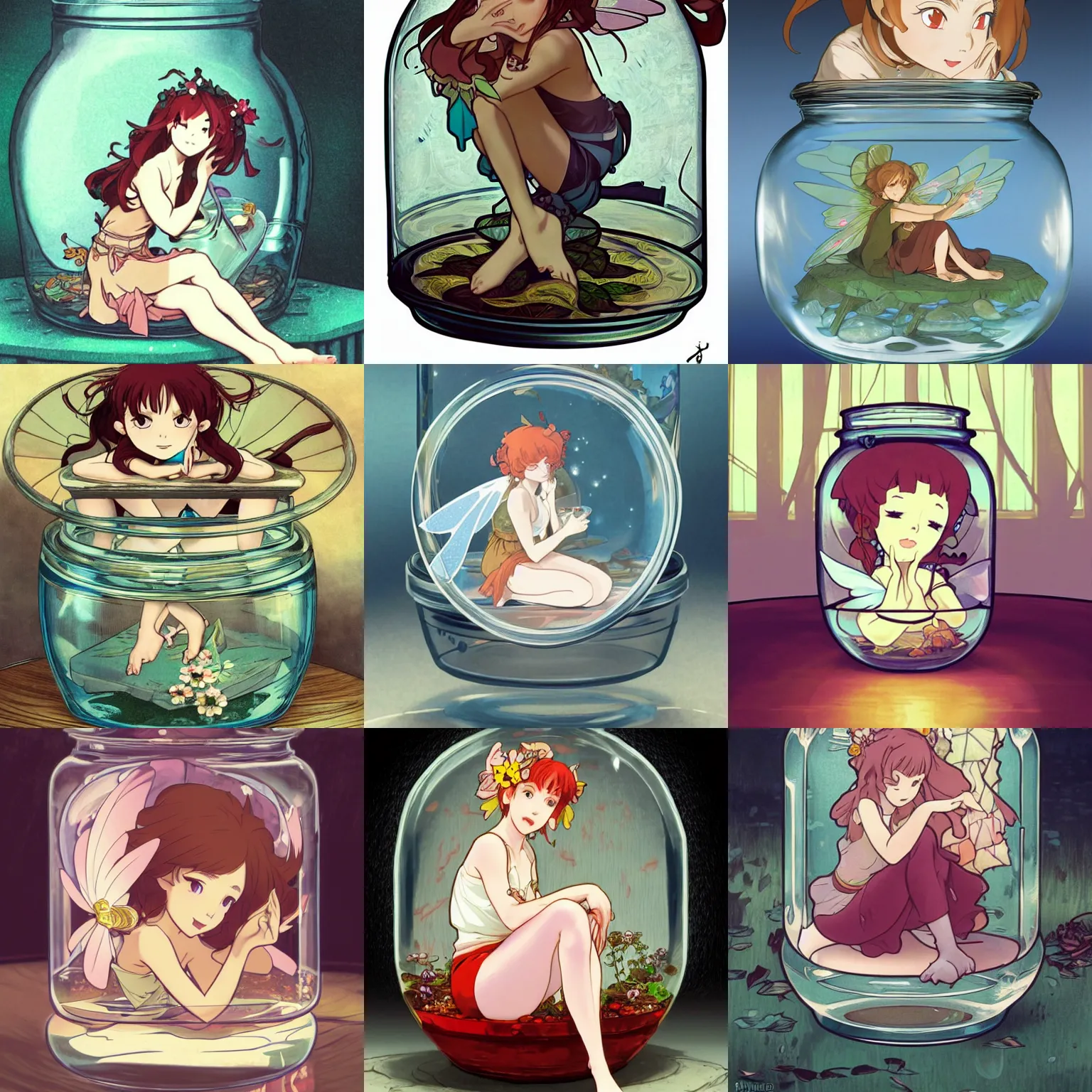 Prompt: A pouting fairy sitting inside a jar on a table, fantasy, highly detailed, artstation, tankoban, concept art, cel shaded, crisp picture, by Kyoto Animation and Studio Ghibli, by Ilya Kuvshinov and Alphonse Mucha