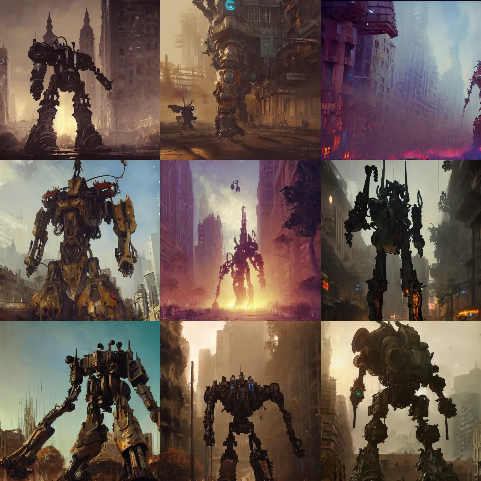 Prompt: six feet tall mech fighting in an urban environment, gaudi, by gaston bussiere, by ismail inceoglu, octane render, by weta digital, cinematic lighting, bump mapped, lumen reflections, action scene screenshot, epic scale