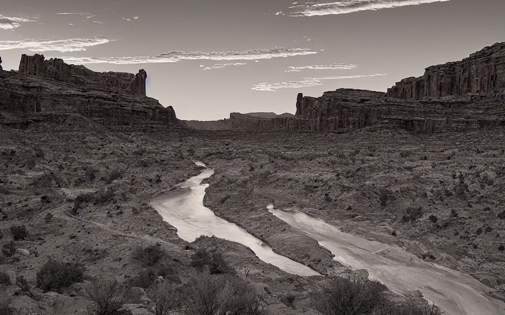 Prompt: “a dried up river bend running through a canyon surrounded by desert mountains at sunset, moab, utah, a tilt shift photo by Frederic Church, ansel adams, trending on unsplash, hudson river school, national geographic photo”