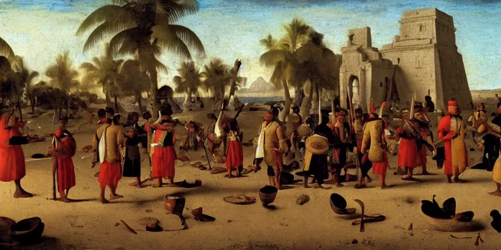 Image similar to arrival of javanese jonk on shores of mexico, majapahit soldiers meeting the aztec leaders on a beach in 1 5 6 7, 1 6 th century oil painting by vermeer, cinematic, highly detailed