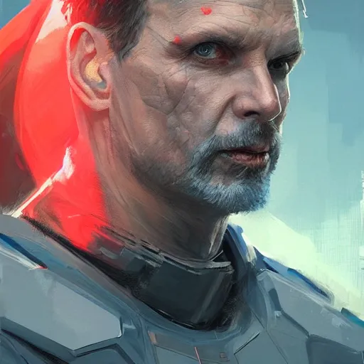 Image similar to portrait of superhero by greg rutkowski, michael biehn wearing a blue and red kevlar gear, highly detailed portrait, digital painting, artstation, concept art, smooth, sharp foccus ilustration, artstation hq