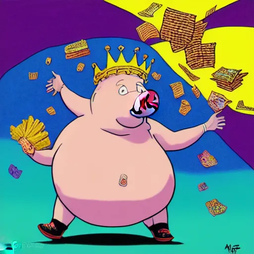 Image similar to trippy comic art of a obese pig wearing a gold crown throwing snack bags into the air, drawn by Martin Rowson, Tim Burton, Studio Ghibli, Alex Pardee, Nekro Petros Afshar, James McDermott, colors by lisa frank, unstirred paint, vivid color, cgsociety 4K