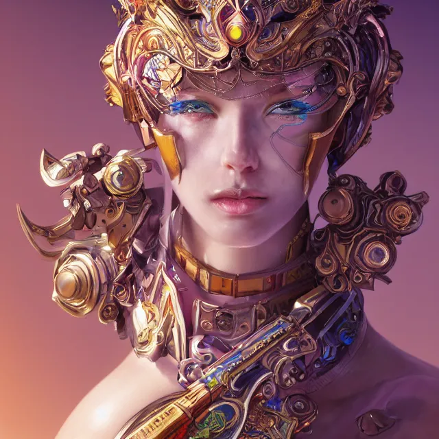 Image similar to studio portrait of lawful good colorful female divine mech paladin as absurdly beautiful, elegant, young sensual gravure idol, ultrafine hyperrealistic detailed face illustration by kim jung gi, irakli nadar, intricate linework, sharp focus, bright colors, matte, octopath traveler, final fantasy, unreal engine highly rendered, global illumination, radiant light, intricate environment